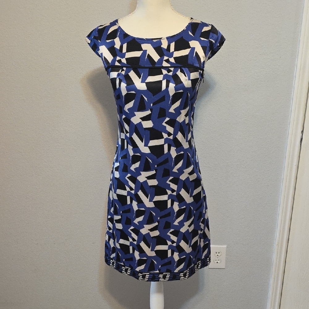 ANTONIO MELANI Silk Blue and White Mini Sheath Dress